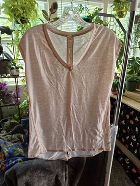 Hyba Pink Sheer V-Neck Top Open Back Lightweight Workout Tee XS
